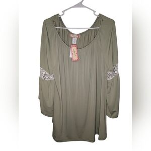 Chic Olive Blouse with Lace Accents